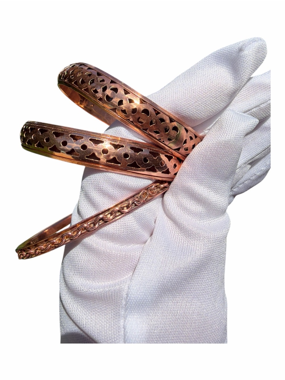 Vintage Copper Bangle Bracelet Bundle Lot of 3 Cutout Chain Design Boho Cuffs